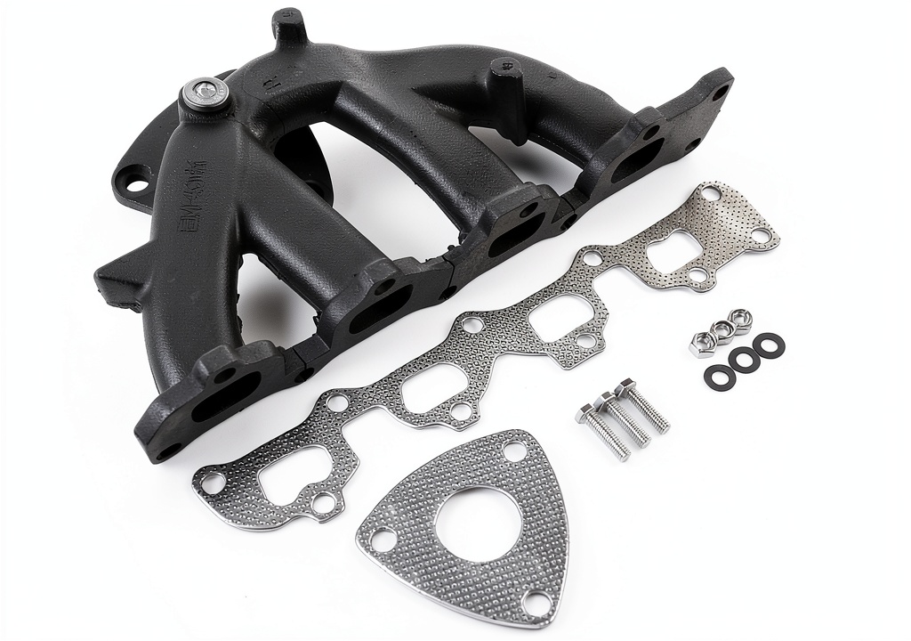 Installing GELUOXI Exhaust Manifold Replacement for Chevy 2.4L on a workshop bench